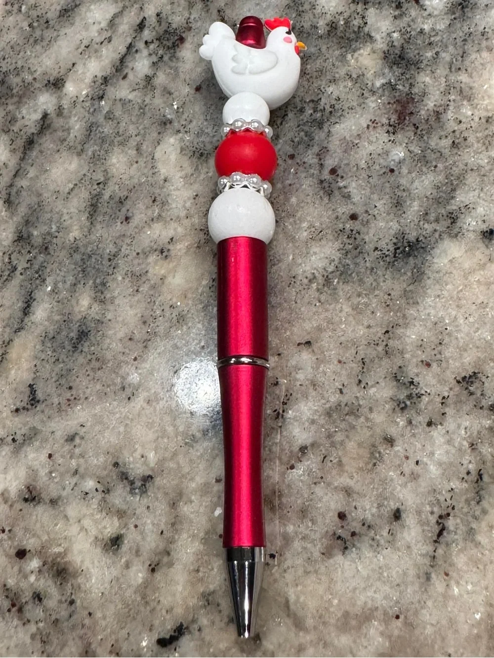 Hand Crafted Red and White Chicken Bead Pen